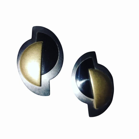 Monet Post Earrings Vintage Geometric Mixed Metal Modernist Brutalist Sculptural - Picture 4 of 13